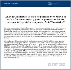 anuncio BRA de un aumento de la tasa de política monetaria al 60% 